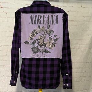 Nirvana Heart Shaped Box Upcycled Tee Flannel  Sz S
